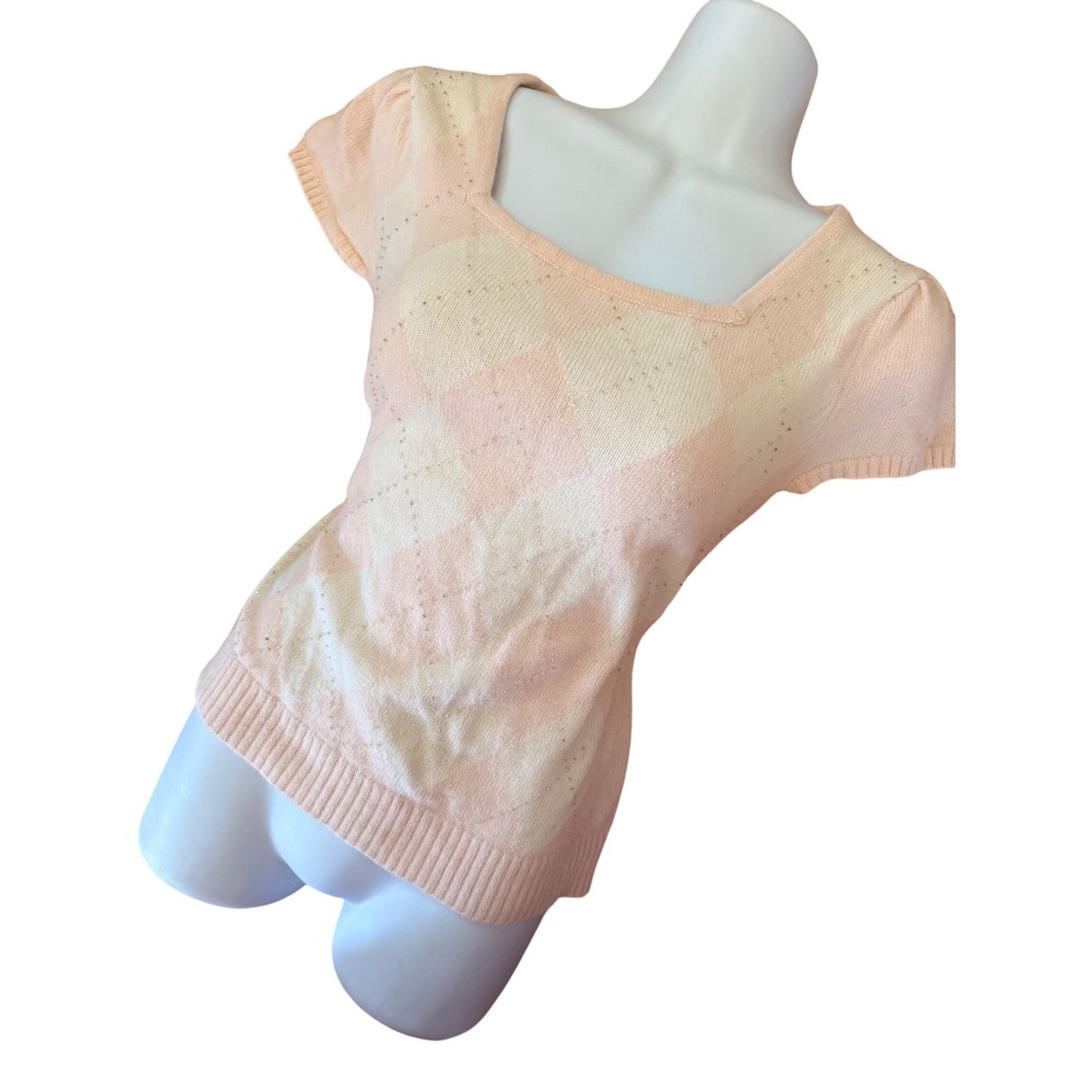 Y2K Pastel‎ Preppy Shaggy Pink Argyle Short Sleeve Sweater Square Neck